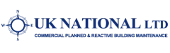 the UK NATIONAL LTD logo which is the words 'UK NATIONAL LTD' in all caps dark blue text, to the left of it there is a dark blue compass, under the text there is smaller text which reads 'COMMERCIAL PLANNED & REACTIVE BULDING MAINTENENCE' in an all caps dark blue font.